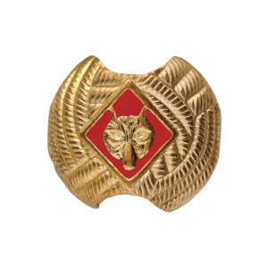 Cub Scout Wolf Rank Neckerchief Slide featuring Wolf Logo inside red diamond on a gold metal neckerchief slide