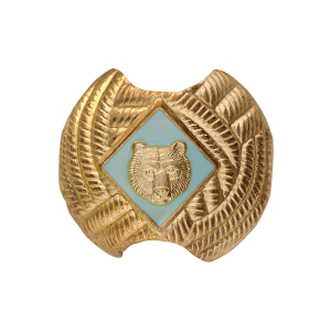 Cub Scout Bear Rank Neckerchief Slide, official neckerchief slide for Cub Scout Bear Rank featuring bear logo inside blue diamond on gold metal slide